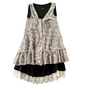 RU Layered Tunic Dress Floral Paisley Lace Trim Black Cream Boho Grunge Festival